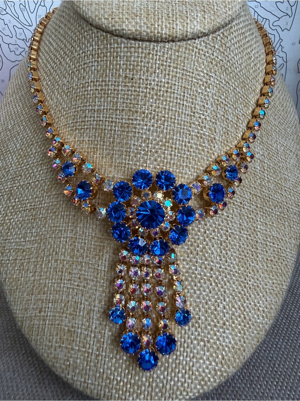 AB Gold-Tone Necklace with Vivid Blue Crystal Fringe